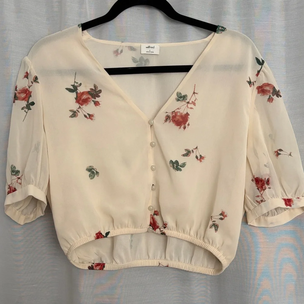 Wilfred Cream Floral V-Neck Button Crop Top - Sz. Small (minor marks see pics) - Picture 1 of 6